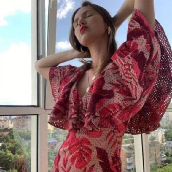 NWT Johanne Ortiz X H&M Maxi Dress XS Floral Eyelet Embroidered Ruffle Pink - Picture 8 of 16